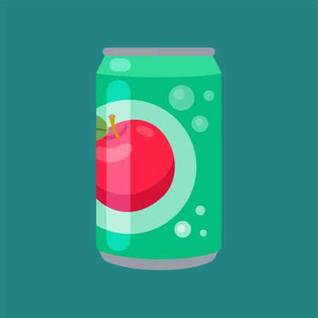 Soft drink with apple in aluminium can. Sweet apple soda, fizzy canned apple drink, sweet apple juice, tonic on white background cartoon illustration. Liquid, beverage conceptのイラスト素材