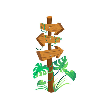 Signboard or pointer sign on pole from wood vector illustration. Wooden direction pointers and planks with plants, leaves and lianas in forest isolated on white background. Jungle, information conceptのイラスト素材