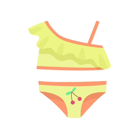 Yellow swimsuit with cherry for children vector illustration. Cartoon drawing of colorful swimming suit for babies or kids isolated on white background. Summer, fashion, childhood conceptのイラスト素材