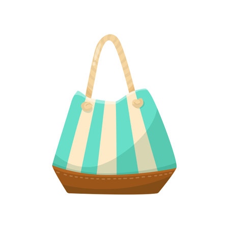 Striped textile beach bag for women vector illustration. Cartoon bag for vacation or holiday isolated on white background. Fashion, accessories, summer conceptのイラスト素材