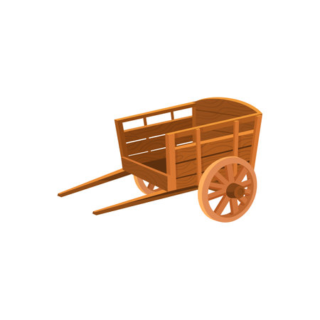 Vintage wooden cart vector illustration. Old western farming vehicle or carriage from wood with big wheels isolated on white background. Farming, transportation conceptのイラスト素材