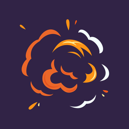 Smoke from bomb explosion cartoon illustration. Explosive effect isolated on dark background. Bang...