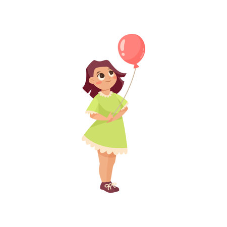 Happy cartoon girl in green dress with balloon vector illustration. Drawing of funny kid holding balloon, birthday party isolated on white background. Celebration, childhood conceptのイラスト素材