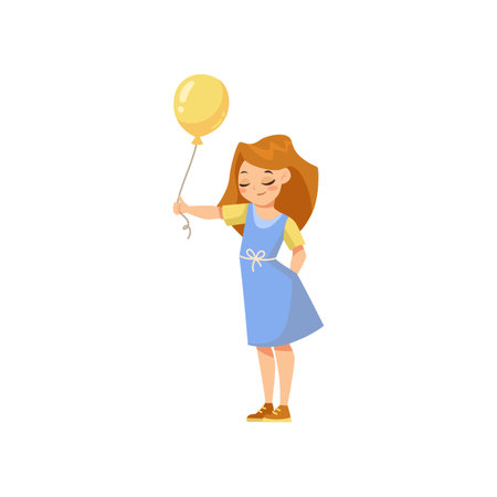 Happy cartoon girl in blue dress with balloon vector illustration. Drawing of funny kid holding balloon, birthday party isolated on white background. Celebration, childhood conceptのイラスト素材