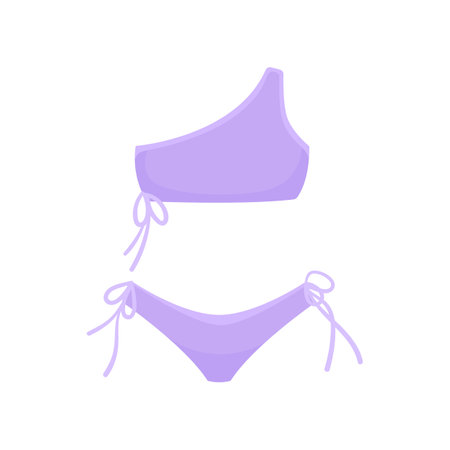 Female purple swimwear for beach vector illustration. Design of bikini and swimsuit for women, swim suit for beach on white background. Summer, fashion conceptのイラスト素材
