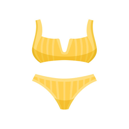 Female yellow swimwear vector illustration. Design of bikini and swimsuit for women, swim suit for beach on white background. Summer, fashion conceptのイラスト素材
