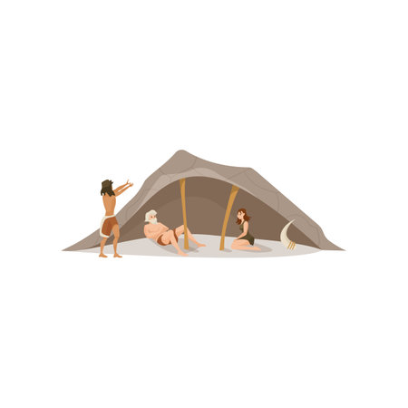Prehistoric family vector illustration. Ancient people sitting under tent on white background. History, stone age, prehistory conceptのイラスト素材