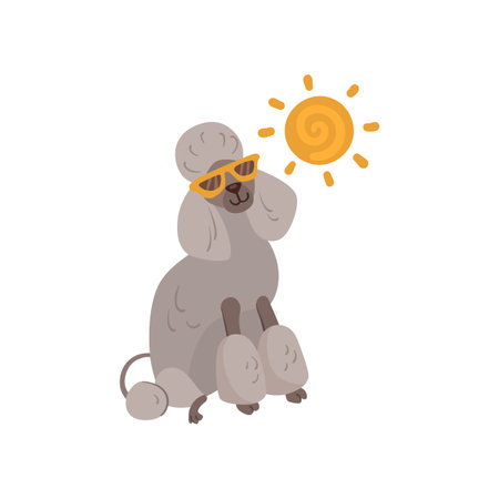 Funny comic poodle dog in sunglasses vector illustration. Portrait of cute puppy cartoon character in glasses isolated on white background. Summer, vacation, pets conceptのイラスト素材
