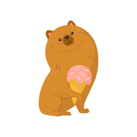 Funny comic pomeranian dog with ice cream vector illustration. Portrait of cute puppy cartoon character with food isolated on white background. Summer, vacation, pets conceptのイラスト素材