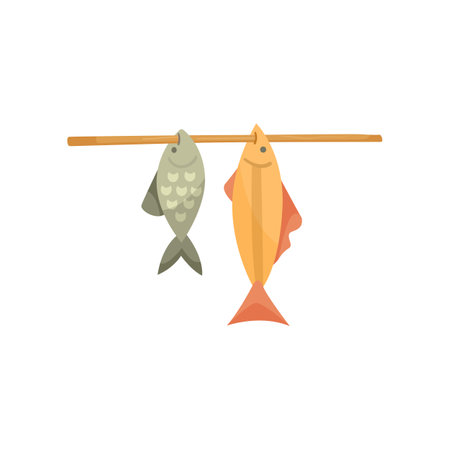 Fish on stick for cooking vector illustration. Ancient food, cooked fish on white background. History, stone age, prehistory conceptのイラスト素材