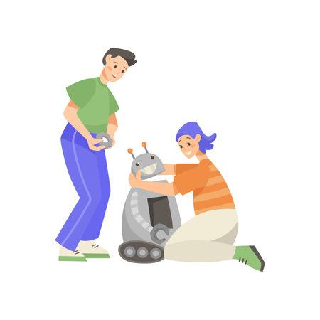 Kids making robot during science class vector illustration. Boy and girl as scientists building machine isolated on white background. Robotics, development, education conceptのイラスト素材