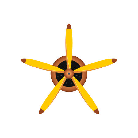 Front view of yellow plane propeller vector illustration. Airplane or aircraft blade propeller, vintage rotor blades isolated on white background. Aeronautics, aviation industry conceptのイラスト素材
