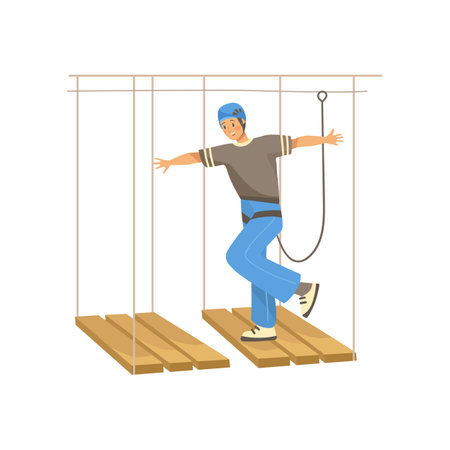Adult having fun on rope course, walking on wooden planks. Rope attraction, man having fun in park on white background. Outdoor activity, sports, entertainment conceptのイラスト素材
