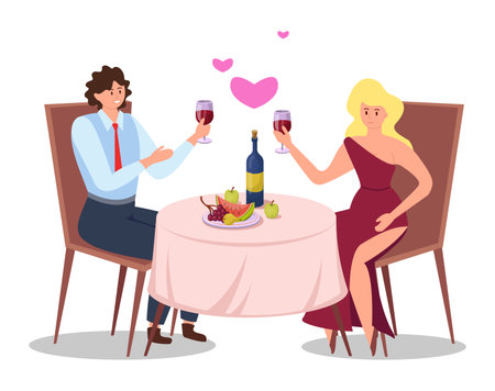 Happy couple in formal clothing drinking wine at restaurant. Wife and husband having romantic dinner or celebrating anniversary flat vector illustration. Romance, love, celebration concept for bannerのイラスト素材