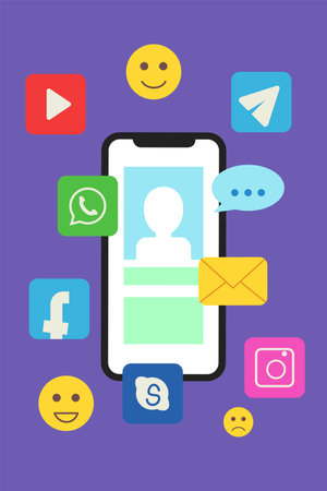 Social media app symbols around phone vector illustration. Smartphone screen with emoticons and application elements on purple background. Communication, technology, social media or network conceptのイラスト素材