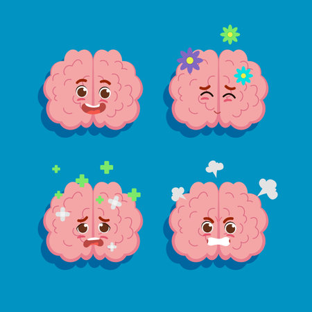 Different emotions of cute brain vector illustrations set. Happy, angry, sick human brain character on blue background. Emotions, mental health, knowledge, medicine conceptのイラスト素材