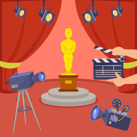 Stage with golden statuette and cameras vector illustration. Cartoon drawing of film festival trophy, red curtains, hands holding clapperboard, professional cameras. Cinema, entertainment conceptのイラスト素材