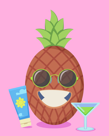 Happy pineapple in sunglasses vector illustration. Cartoon fruit character smiling with sunscreen and tropical drink on pink background. Summer, vacation, food, traveling conceptのイラスト素材