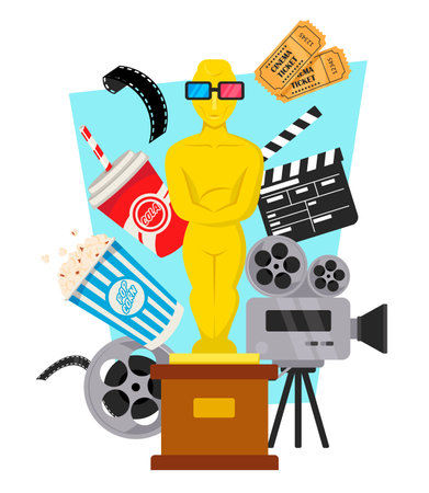 Golden statuette and cinematography elements vector illustration. Cartoon drawing of camera, popcorn, movie tickets, clapperboard, film reel on blue and white background. Cinema, entertainment conceptのイラスト素材
