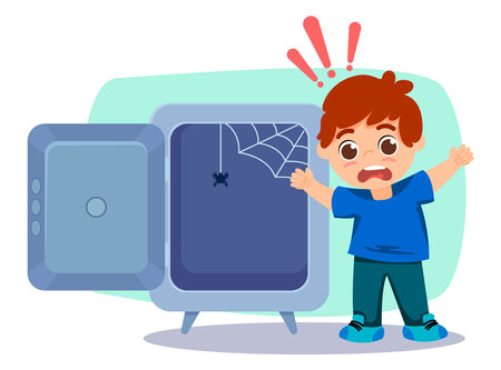 Shocked boy standing at empty safe vector illustration. Scared male character screaming isolated on white background. People losing money. Rising inflation, recession in Europe. Economy conceptのイラスト素材