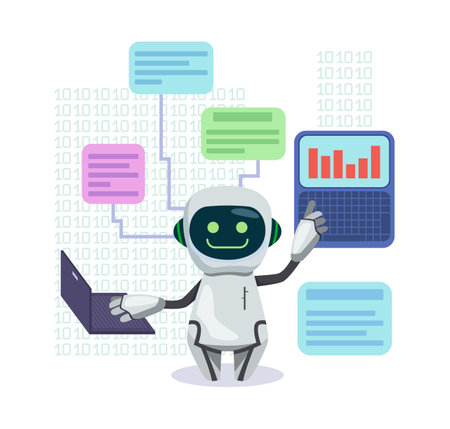 Cute robot typing on computer vector illustration. Artificial intelligence producing texts with binary code, helping at workplace on white background. OpenAI, chatbots, technology, robotics conceptのイラスト素材