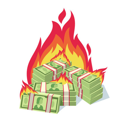 Pile of money on fire vector illustration. Cartoon banknotes burning isolated on white background. Rising inflation, recession in Europe. Economy, finance, crisis conceptのイラスト素材
