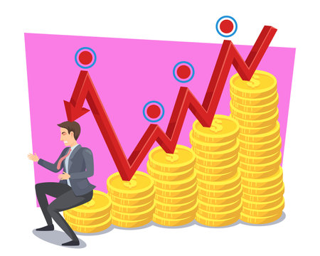 Financial crisis affecting business vector illustration. Red down arrow hitting businessman sitting on coins on white background. Rising inflation, recession in Europe. Economy, finance conceptのイラスト素材