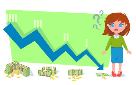 Confused businesswoman and chart with down arrow. Banknotes and coins, shocked office worker, financial crisis or company failure vector illustration. Recession, finances, bankruptcy, economy conceptのイラスト素材