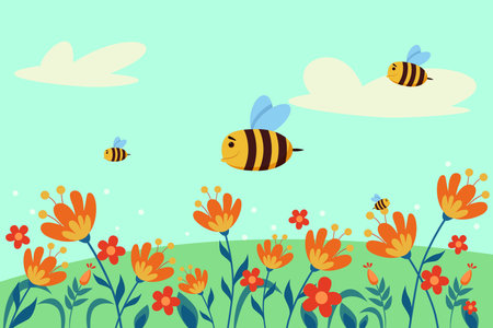 Happy comic bees flying across flower field vector illustration. Cartoon drawing of cute striped insect characters pollinating beautiful orange plants. Spring, seasons, wildlife, nature conceptのイラスト素材