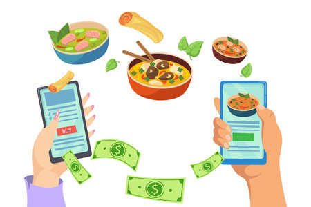 Hands holding smartphone with restaurant app vector illustration. Customer buying food online and shop receiving money on white background. Online shopping, technology, marketing conceptのイラスト素材