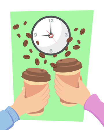 Clock and hands of friends or colleagues holding coffee cups. People drinking morning drink together in cafe, coffee shop or house vector illustration. Coffee culture, communication conceptのイラスト素材