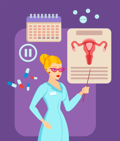 Female doctor explaining menopause vector illustration. Woman pointing at uterus drawing, pills and calendar on purple background. Menopause, health care, female reproductive system conceptのイラスト素材
