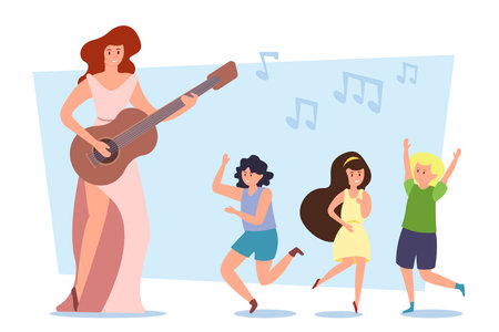 Woman playing guitar vector illustration. Female musician and children singing and dancing at party or concert on white background. Self-reflection, self-expression, music, hobby conceptのイラスト素材