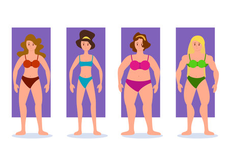 Various female bodies vector illustration set. Skinny, chubby, muscular women in swimsuits or underwear on white background. Body, figure, diversity, fitness, health care conceptのイラスト素材