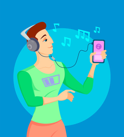 Young man listening to music vector illustration. Happy man in headphones holding smartphone, choosing song on blue background. Self-reflection, self-expression, music, hobby conceptのイラスト素材