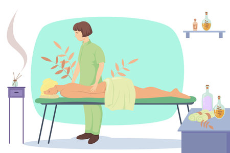 Back massage at spa center vector illustration. Woman lying on bed, receiving massage at salon. Wellness center procedure. Calming space, aromatherapy, health care conceptのイラスト素材