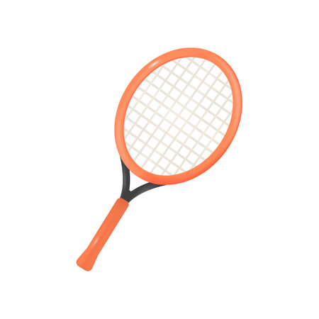 Orange racket for playing tennis 3D illustration. Cartoon drawing of equipment for tennis player in 3D style on white background. Sports, healthy lifestyle, recreation conceptのイラスト素材