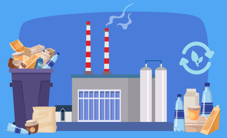 Modern recycling factory vector illustration. Plastic bottles, packages and bags ready to be reused. Secondary use of waste products. Recycling, upcycling, zero waste, reuse conceptのイラスト素材