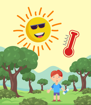 Boy hiking in forest vector illustration. Frustrated young man with bottle of water under hot sun and red thermometer. Hot weather, high temperature, climate change, global warming conceptのイラスト素材