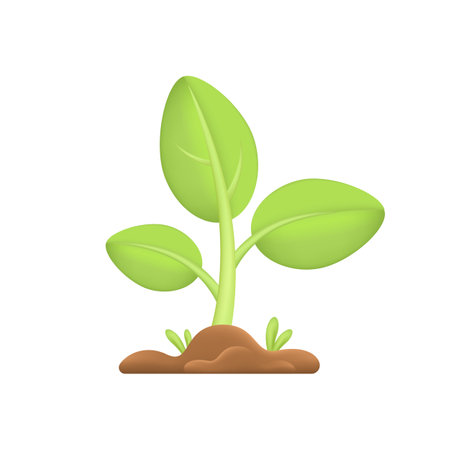 Sprout of growing plant in ground 3D illustration. Cartoon drawing of green leaves coming out of soil in 3D style on white background. Nature, spring, growth, development, ecology conceptのイラスト素材