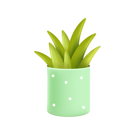 Aloe plant in mint flowerpot 3D illustration. Cartoon drawing of tropical or exotic succulent plant in pot in 3D style on white background. Nature, botany, decor, houseplants conceptのイラスト素材