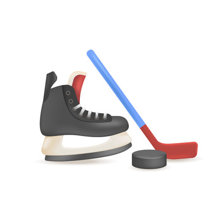 Hockey stick, puck and skate 3D illustration. Cartoon drawing of equipment for hockey players in 3D style on white background. Sports, healthy lifestyle, recreation conceptのイラスト素材