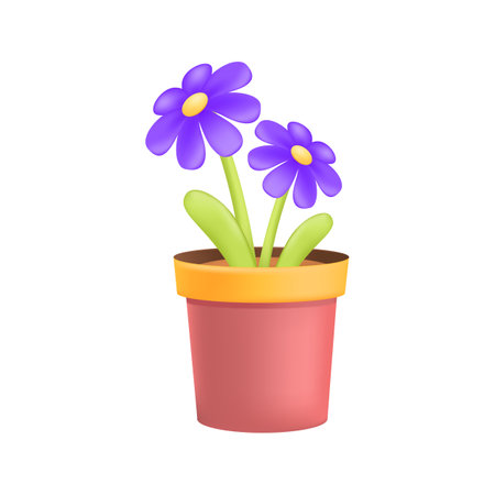 Cute violets growing in pink flowerpot 3D illustration. Cartoon drawing of flowers with purple petals for house or office in 3D style on white background. Nature, botany, houseplants conceptのイラスト素材