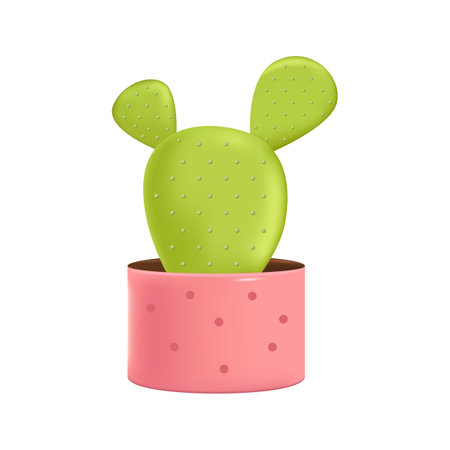 Cute cactus plant in pink flowerpot 3D illustration. Cartoon drawing of tropical or exotic plant for home or office in 3D style on white background. Nature, botany, decor, houseplants conceptのイラスト素材
