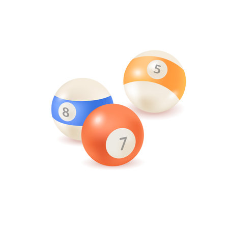 Colorful balls with numbers for playing billiard 3D illustration. Cartoon drawing of equipment or objects for game players in 3D style on white background. Sports, entertainment, hobby conceptのイラスト素材