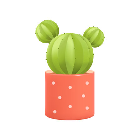 Cute round cactus in red flowerpot 3D illustration. Cartoon drawing of exotic or tropical plant with spines in pot in 3D style on white background. Nature, botany, decor, houseplants conceptのイラスト素材