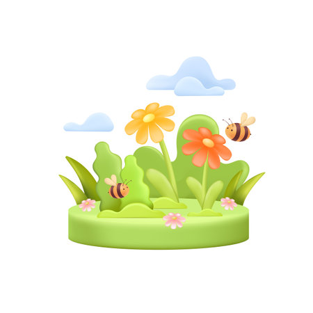 Cute bees pollinating flowers in meadow 3D illustration. Cartoon drawing of striped insects flying around plants in 3D style on white background. Nature, spring, ecology, wildlife conceptのイラスト素材