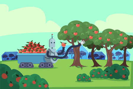 Modern robot collecting apples vector illustration. Innovative machine helping with harvesting in garden or farm. Application of robotics in agriculture, gardening, technology conceptのイラスト素材