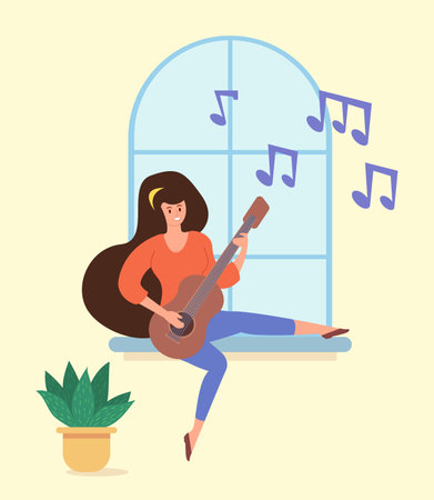 Young woman playing guitar vector illustration. Happy musician playing music, composing song while sitting on windowsill. Self-reflection, self-expression, music, hobby conceptのイラスト素材