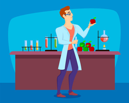 Scientist making food in lab vector illustration. Researcher holding apple and test tube in laboratory with different equipment. Artificial food, modern technology, farming conceptのイラスト素材